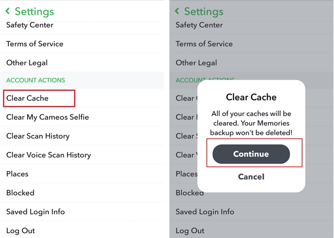 Snapchat Clear cache feature