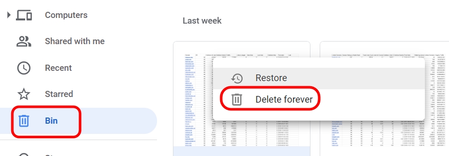 Google Drive Bin Folder Permanently delete